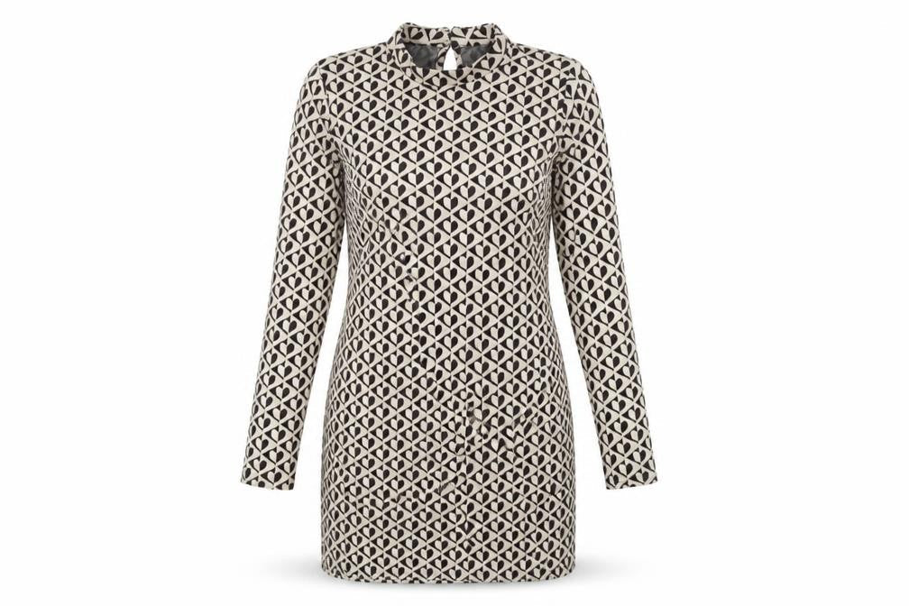 New Look Womens Beige Geometric Polyester Bodycon Size 12 Mock Neck Button