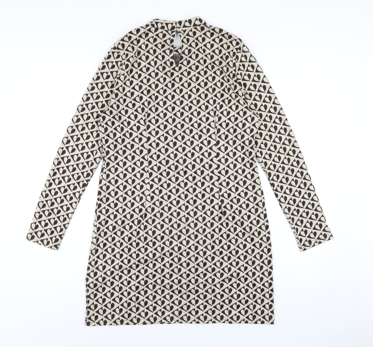 New Look Womens Beige Geometric Polyester Bodycon Size 12 Mock Neck Button