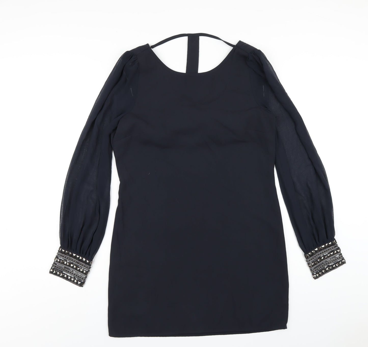 Warehouse Womens Black Polyester A-Line Size 10 Boat Neck Pullover - Beaded Trims