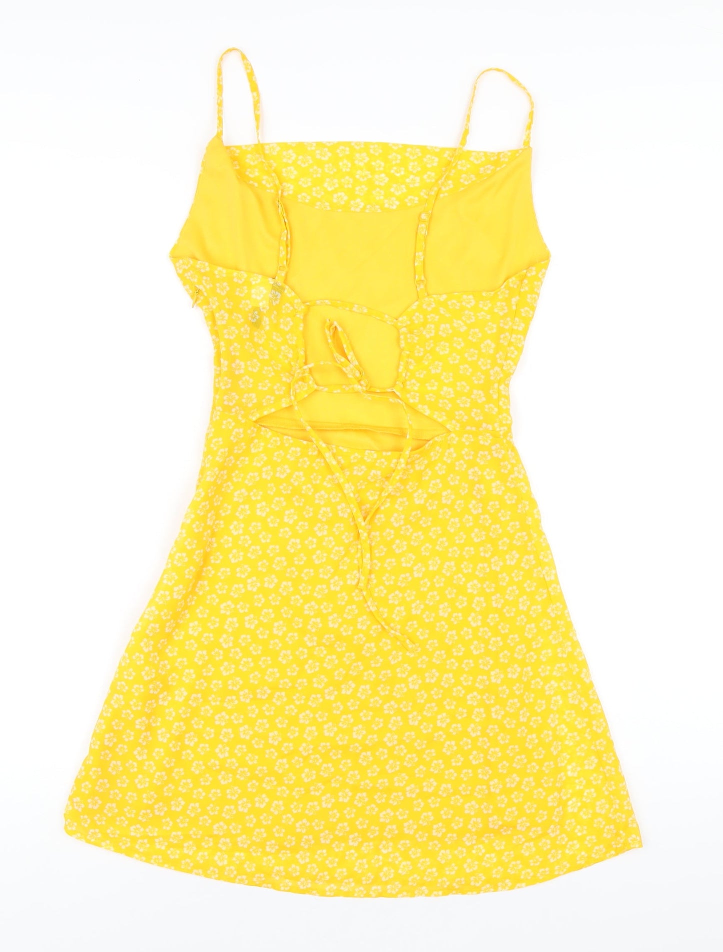 H&M Womens Yellow Floral Polyester A-Line Size 8 Square Neck Zip