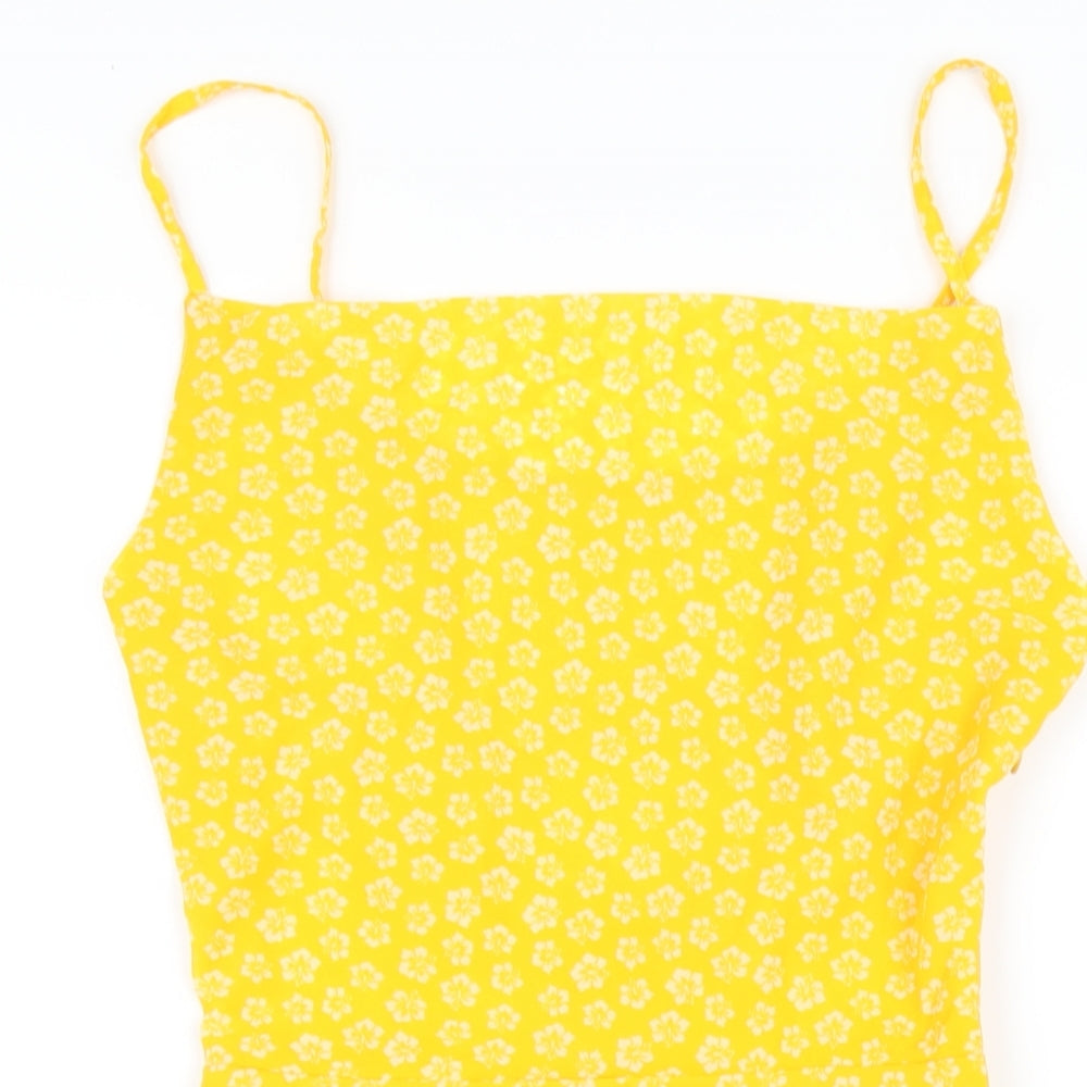 H&M Womens Yellow Floral Polyester A-Line Size 8 Square Neck Zip