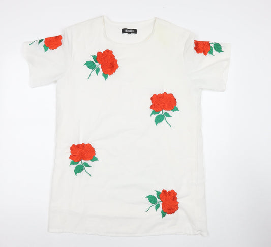 Missguided Womens White Polyester T-Shirt Dress Size 10 Round Neck Pullover - Embraided Flowers