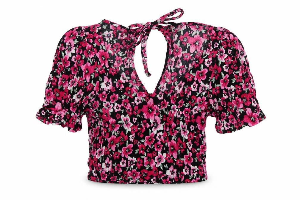 Divided by H&M Womens Pink Floral Viscose Cropped T-Shirt Size 8 V-Neck