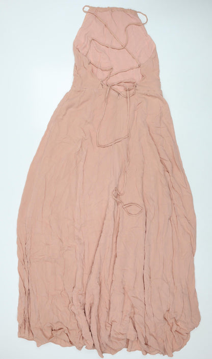 Back view of ASOS women’s beige viscose maxi, size UK 12, square neck zip