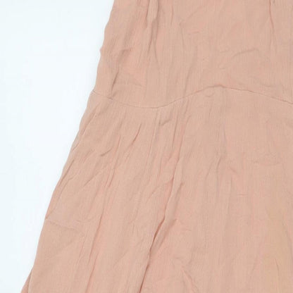 Close-up detail of ASOS women’s beige viscose maxi, size UK 12, square neck zip