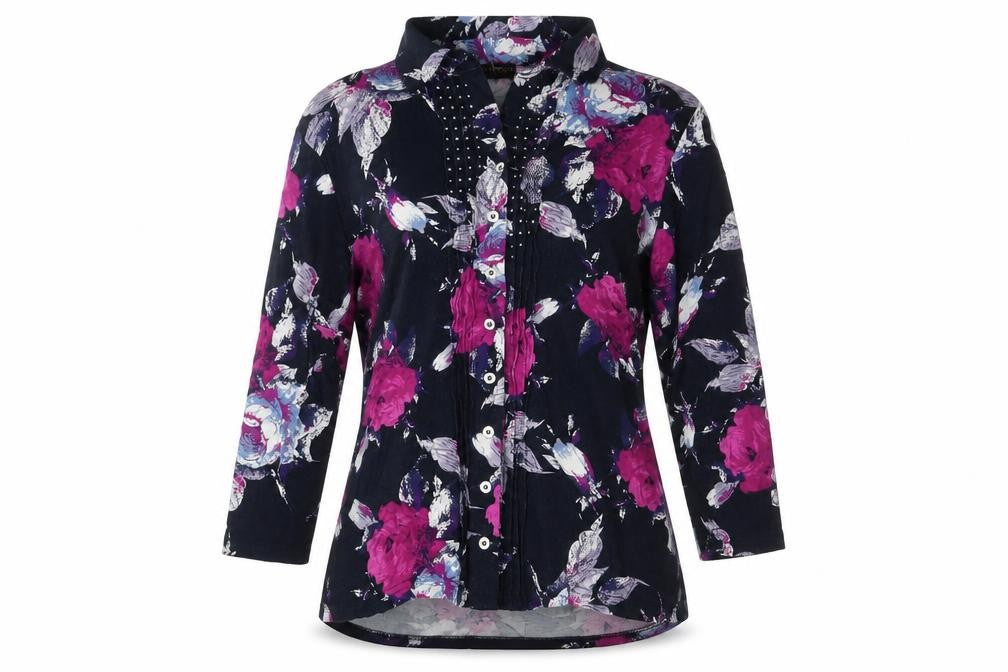 Anna Rose Womens Black Floral Viscose Basic Button-Up Size L Collared