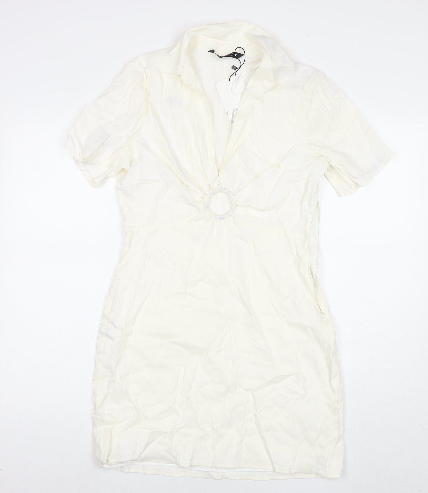 Zara Womens White Viscose T-Shirt Dress Size L Collared Zip