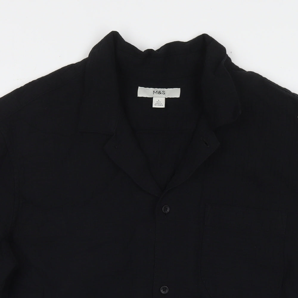 Marks and Spencer Womens Black Cotton Basic Button-Up Size L Collared