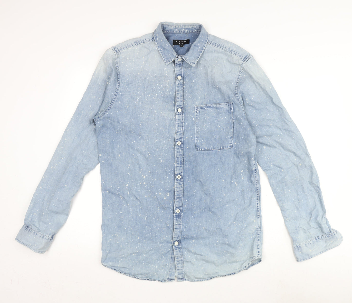 New Look Mens Blue Cotton Button-Up Size M Collared Button - Speckles Design.