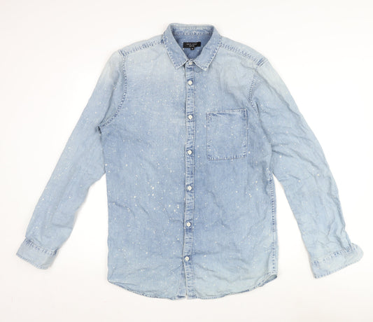 New Look Mens Blue Cotton Button-Up Size M Collared Button - Speckles Design.
