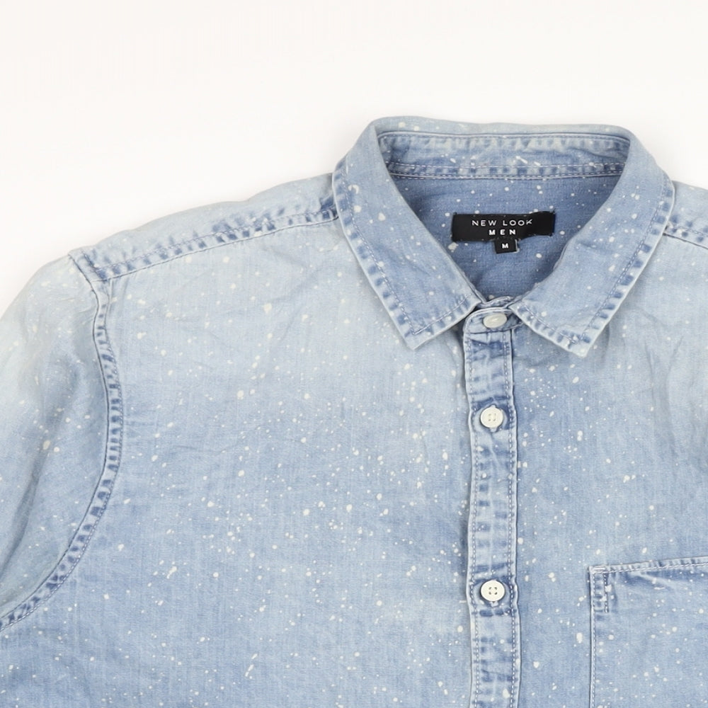 New Look Mens Blue Cotton Button-Up Size M Collared Button - Speckles Design.
