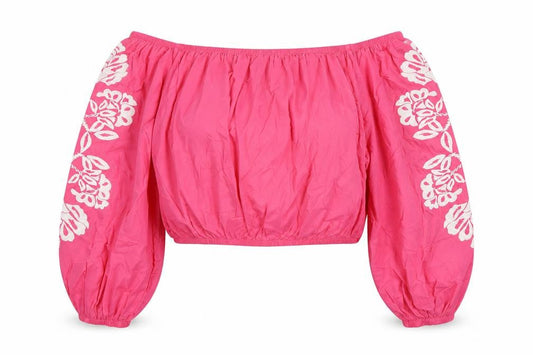 Marks and Spencer Womens Pink Cotton Cropped Blouse Size 18 Off the Shoulder - Embroidered