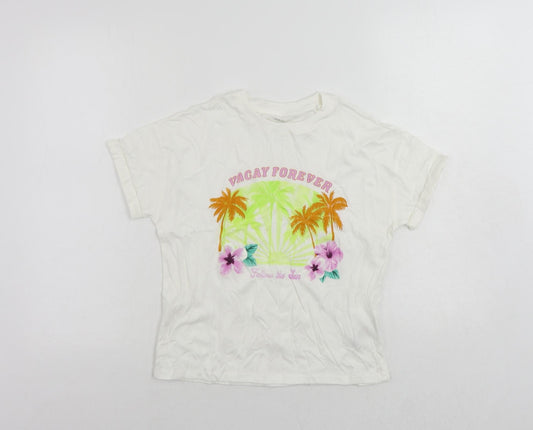 Marks and Spencer Girls White Cotton Pullover T-Shirt Size 10-11 Years Crew Neck Pullover - Vacay