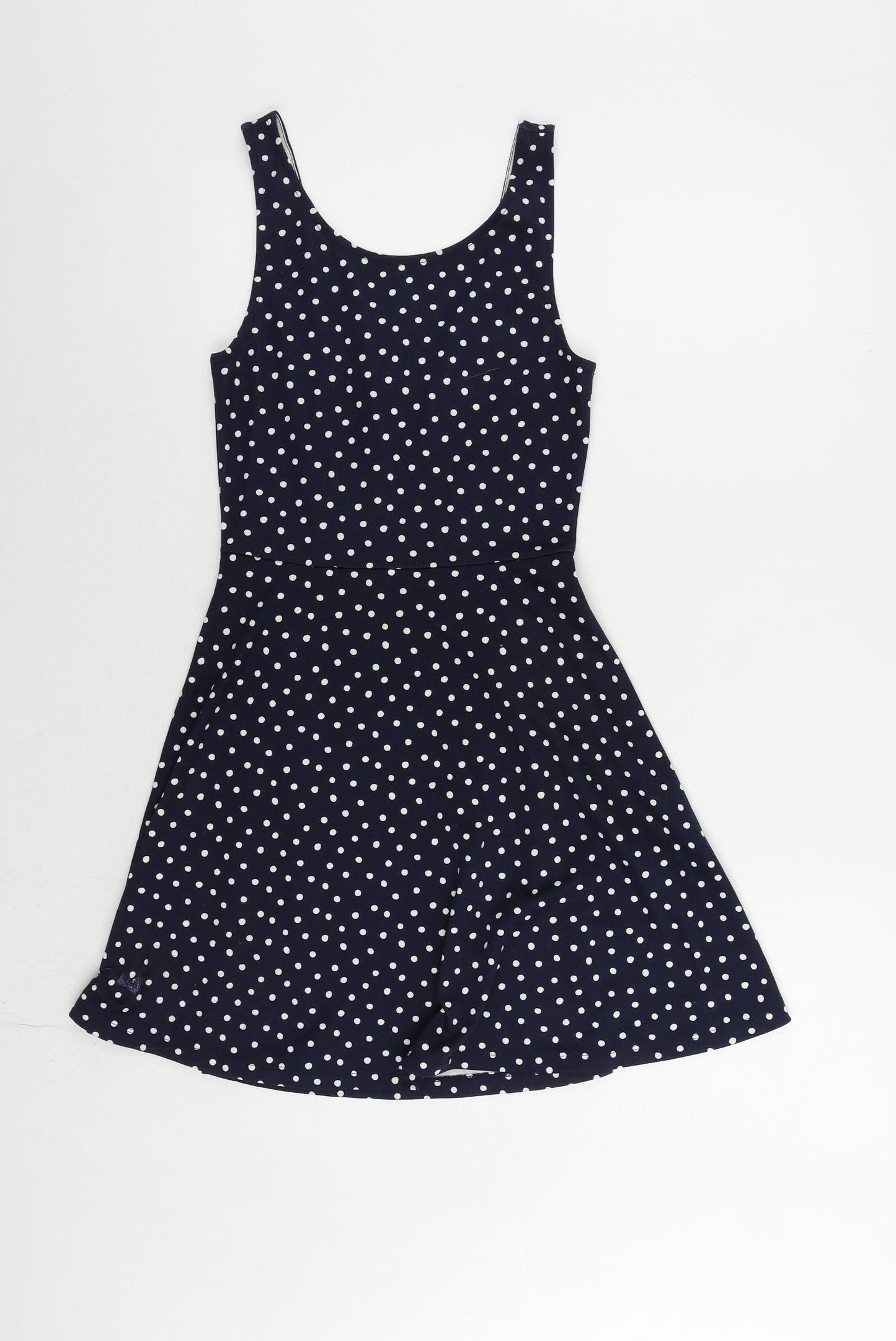 H&M Womens Blue Polka Dot Polyester Skater Dress Size 8 Scoop Neck Pullover