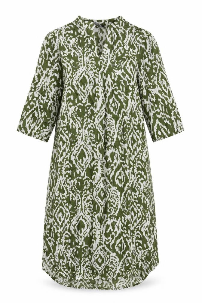 Marks & Spencer Womens Green Geometric Linen A-Line Size 8 V-Neck Pullover