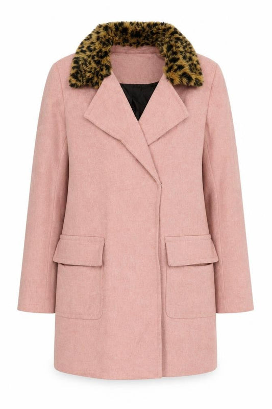 Front view of ASOS women’s pink pea coat coat, size UK 10, button - faux fur collar