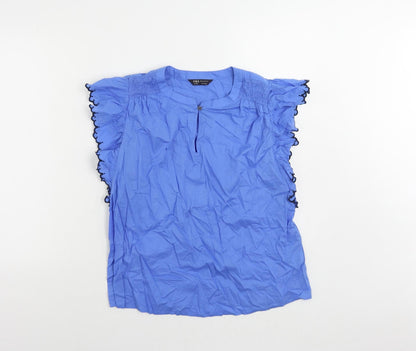 Marks & Spencer Womens Blue Cotton Basic Blouse Size 12 Round Neck - Ruffle