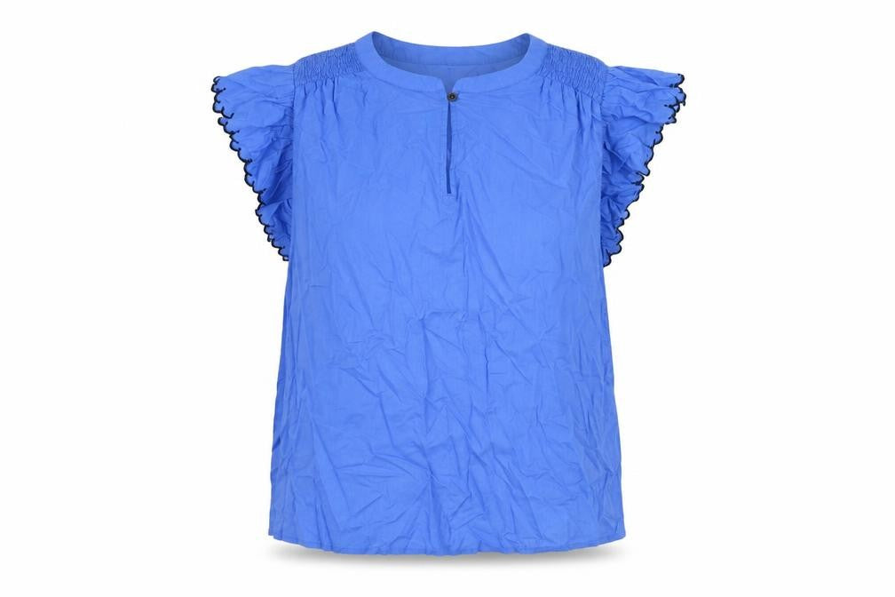 Marks & Spencer Womens Blue Cotton Basic Blouse Size 12 Round Neck - Ruffle