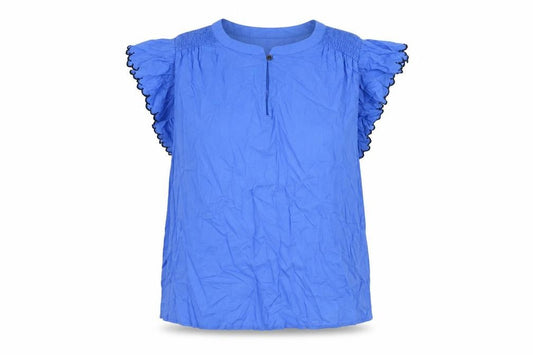 Marks and Spencer Womens Blue Cotton Basic Blouse Size 12 Round Neck - Ruffle