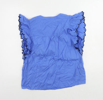 Marks & Spencer Womens Blue Cotton Basic Blouse Size 12 Round Neck - Ruffle