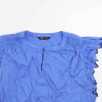 Marks & Spencer Womens Blue Cotton Basic Blouse Size 12 Round Neck - Ruffle