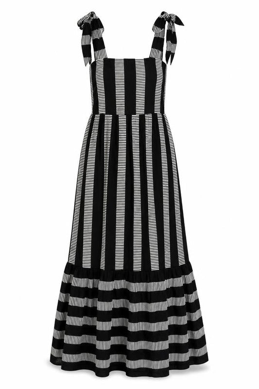 Marks & Spencer Womens Black Striped Cotton Maxi Size 8 Square Neck Pullover - Shirred Back