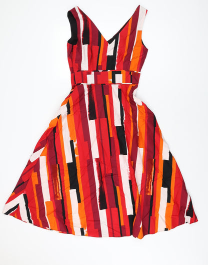 Back view of Principles women’s multicoloured geometric polyester a-line, size UK 8, v-neck zip