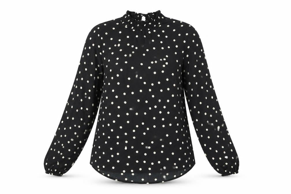 New Look Womens Black Polka Dot Polyester Basic Blouse Size 10 High Neck