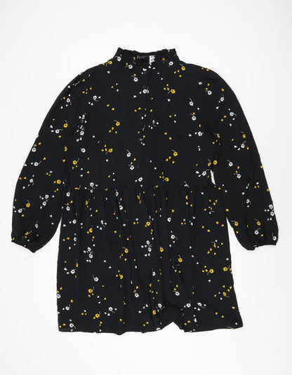 Additional front view of ASOS women’s black floral polyester shift, size UK 18, round neck button