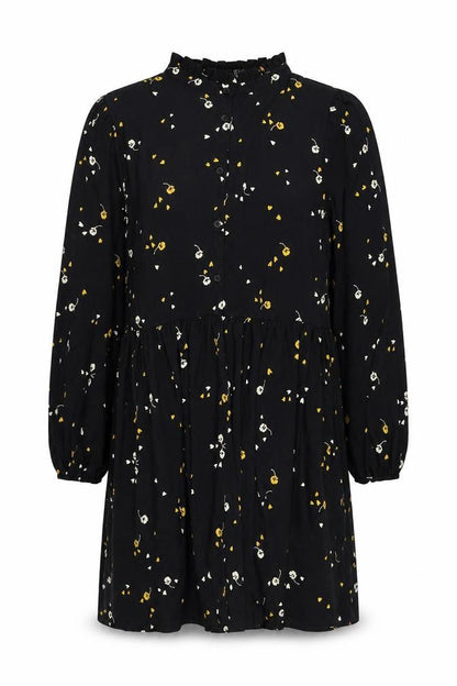 Front view of ASOS women’s black floral polyester shift, size UK 18, round neck button