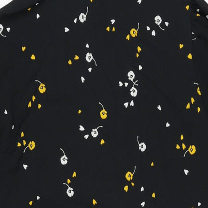 Brand and care label for ASOS women’s black floral polyester shift, size UK 18, round neck button