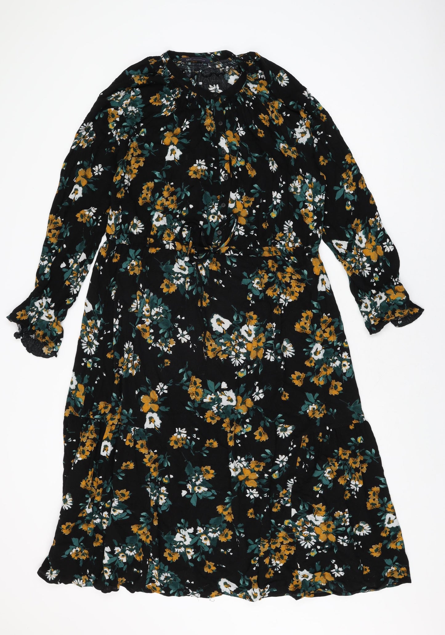 Marks and Spencer Womens Black Floral Viscose Shift Size 10 Round Neck Button