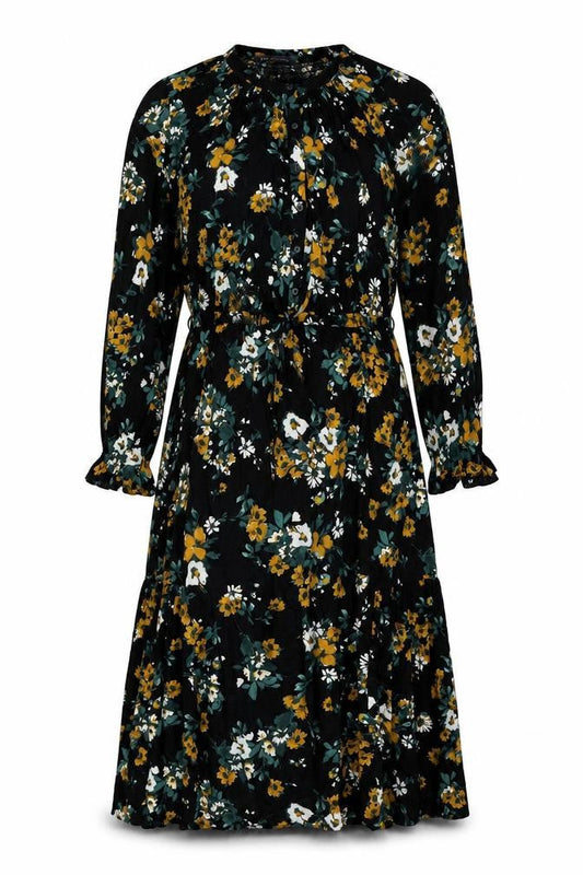 Marks & Spencer Womens Black Floral Viscose Shift Size 10 Round Neck Button