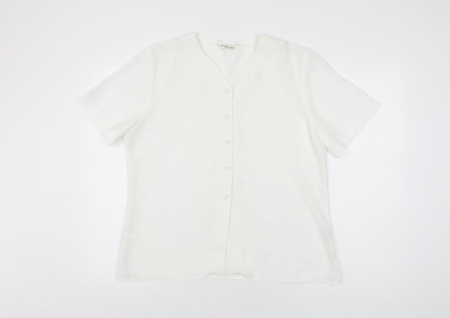 Design Essentials Womens White Geometric Polyester Basic Button-Up Size 16 V-Neck