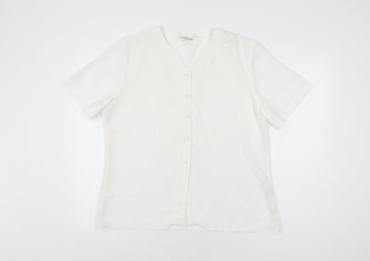 Design Essentials Womens White Geometric Polyester Basic Button-Up Size 16 V-Neck