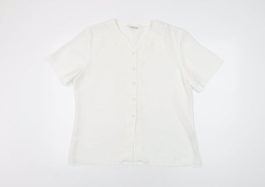 Design Essentials Womens White Geometric Polyester Basic Button-Up Size 16 V-Neck