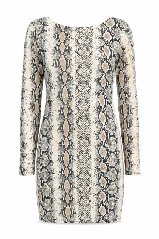 Front view of Missguided women’s beige animal print viscose bodycon, size UK 14, round neck pullover