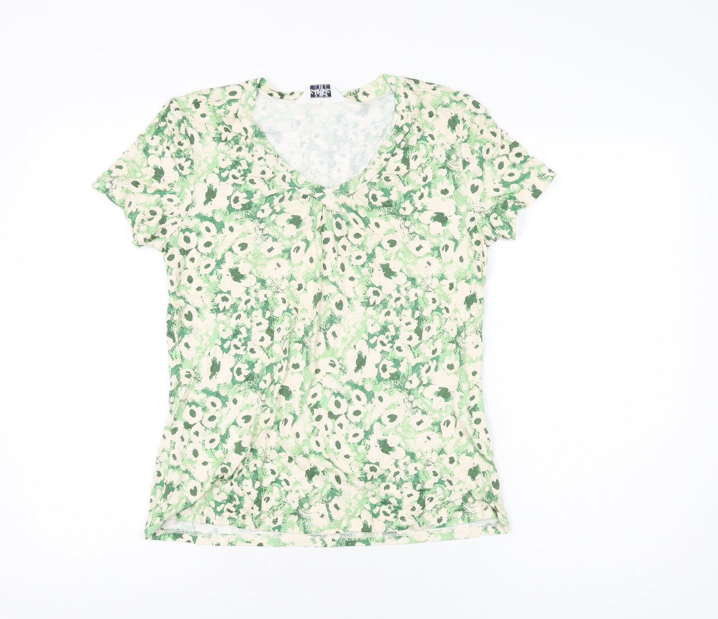 Classic Womens Ivory Floral Viscose Basic T-Shirt Size 10 V-Neck