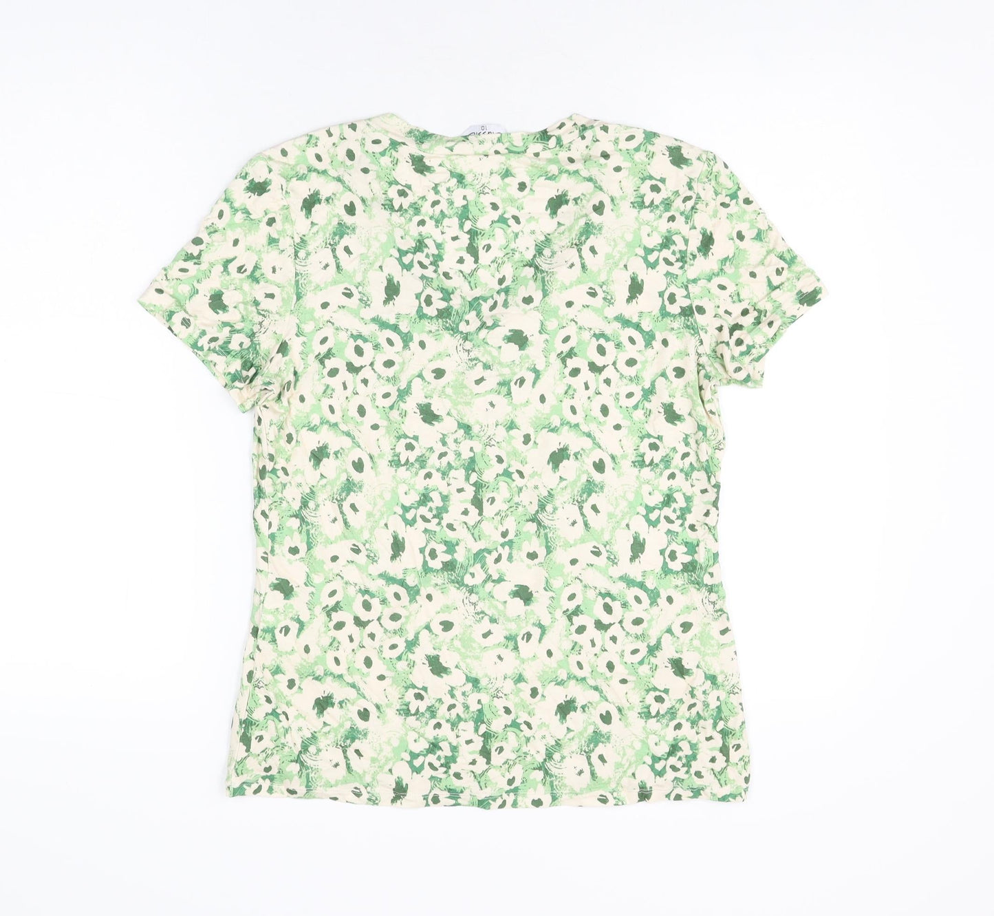 Classic Womens Ivory Floral Viscose Basic T-Shirt Size 10 V-Neck