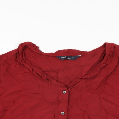 Marks & Spencer Womens Red Viscose Basic Button-Up Size 10 V-Neck