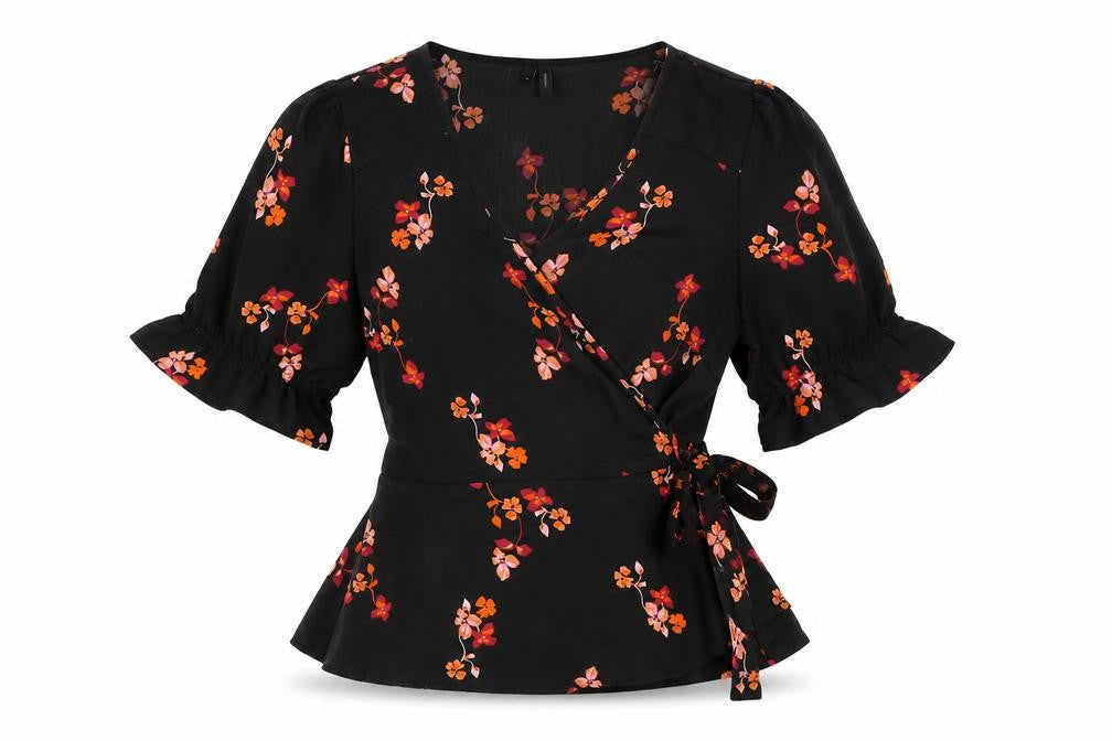 VERO MODA Womens Black Floral Polyester Wrap Blouse Size M V-Neck