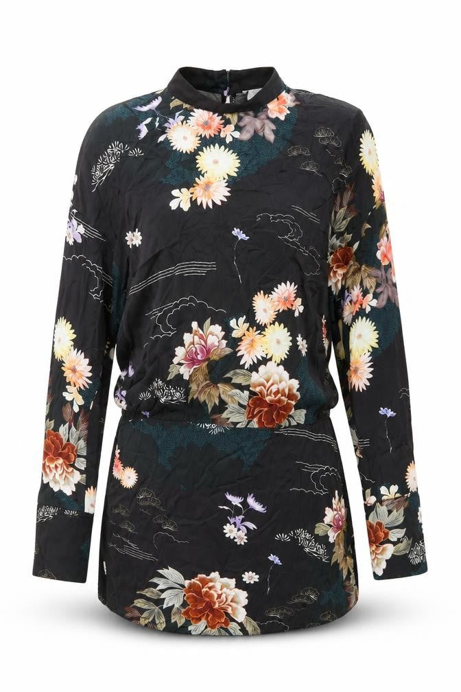 Zara Womens Black Floral Viscose Basic Blouse Size S High Neck