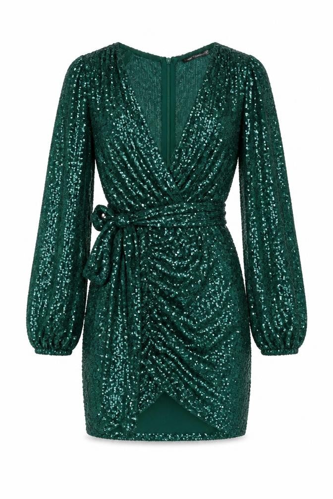 I SAW IT FIRST Womens Green Polyester Mini Size 8 V-Neck Zip - Sequins