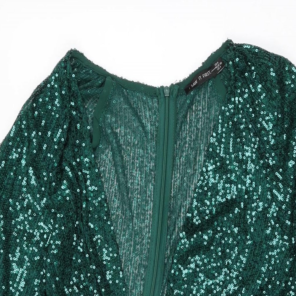 I SAW IT FIRST Womens Green Polyester Mini Size 8 V-Neck Zip - Sequins