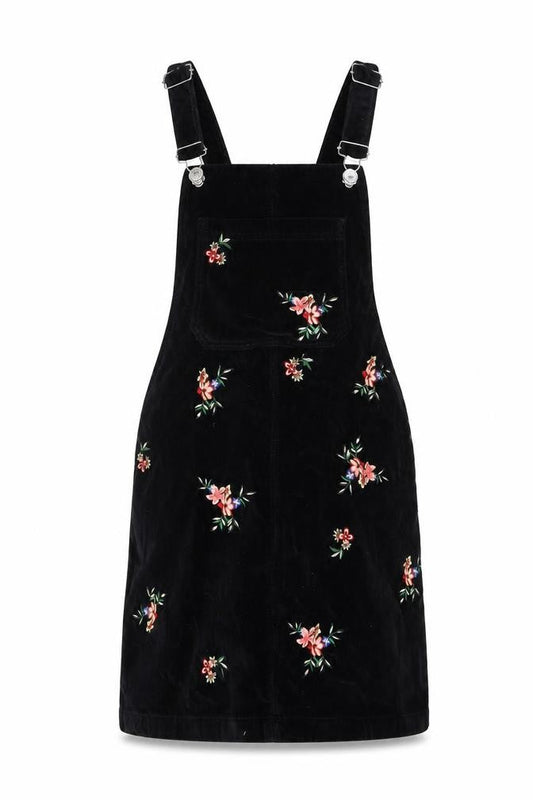 Topshop Womens Black Floral Cotton Pinafore/Dungaree Dress Size 4 Square Neck Button