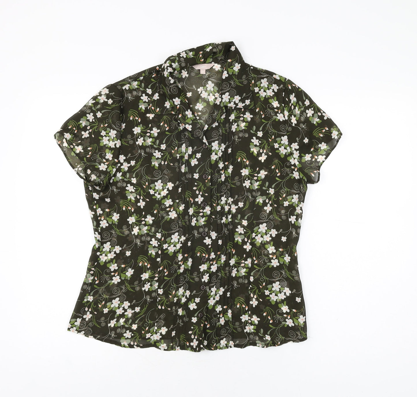 Soon Womens Green Floral Polyester Basic Button-Up Size 12 Collared