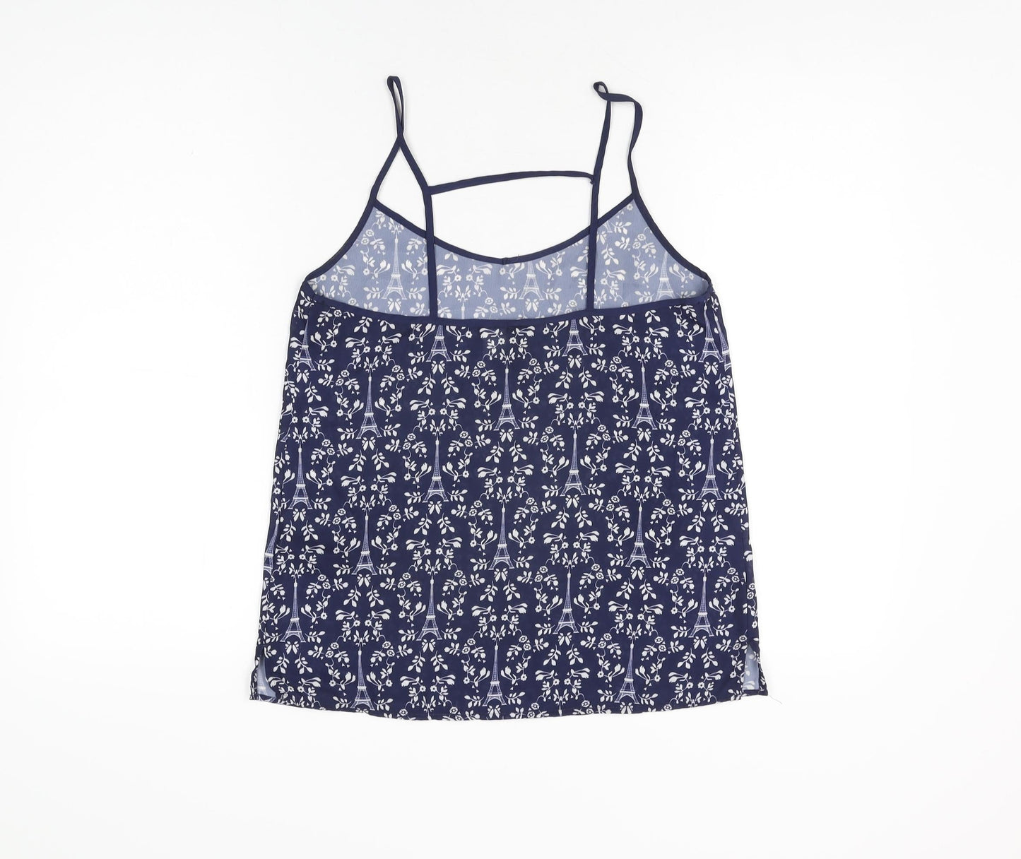 H&M Womens Blue Geometric Polyester Camisole T-Shirt Size 8 V-Neck