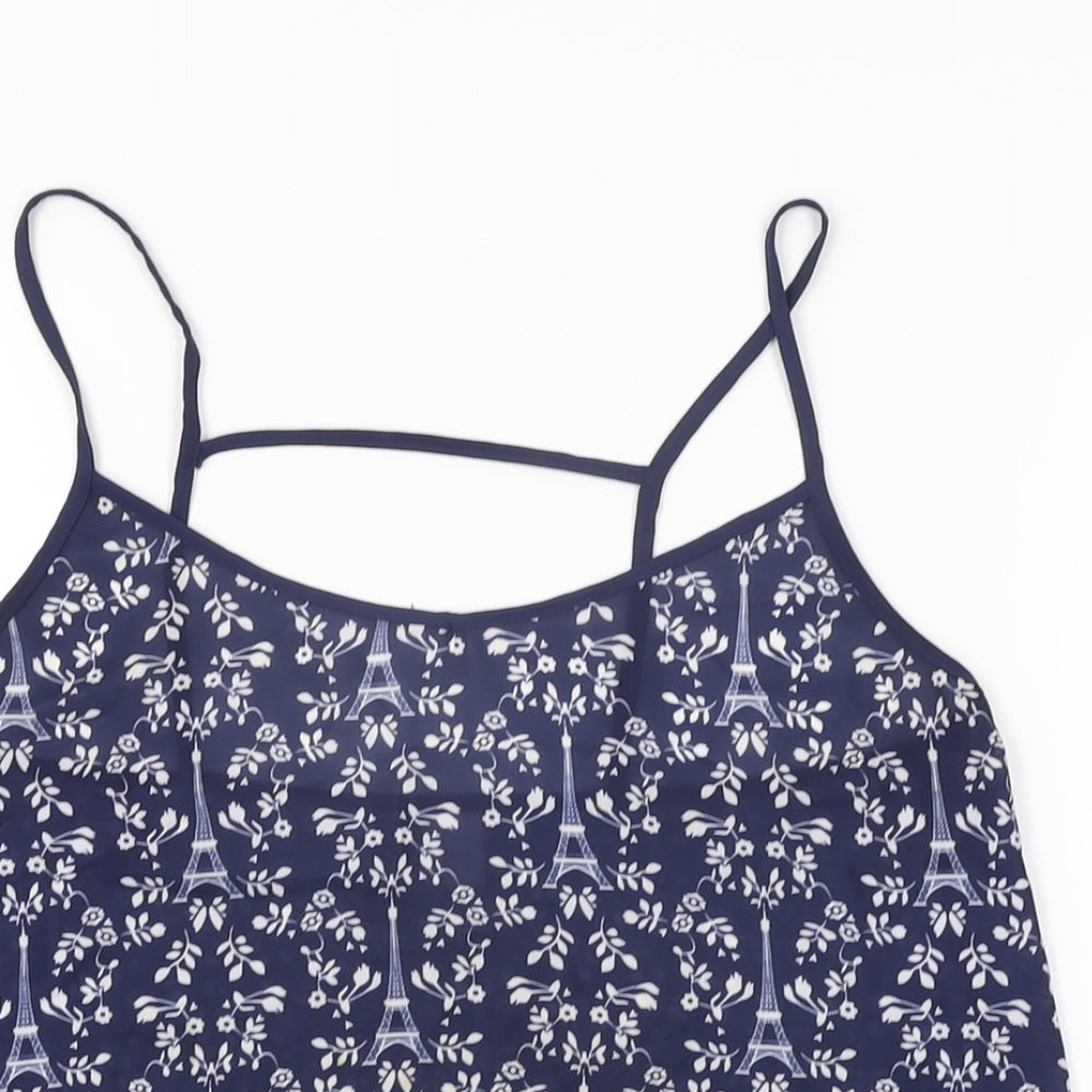 H&M Womens Blue Geometric Polyester Camisole T-Shirt Size 8 V-Neck