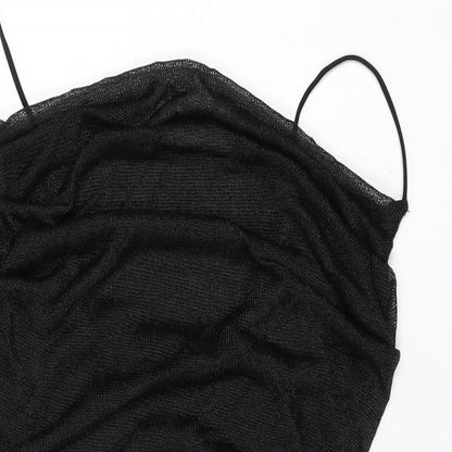 Close-up detail of ASOS women’s black viscose bodycon, size UK 12, cowl neck pullover
