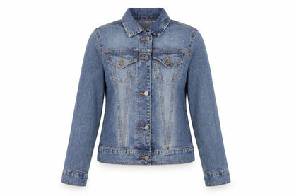 Front view of Denim & Co. women’s blue jacket, size UK 12, button